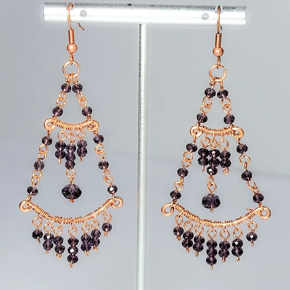Handcrafted Copper & Amethyst Crystal Chandelier Earrings - Picture 2 of 6